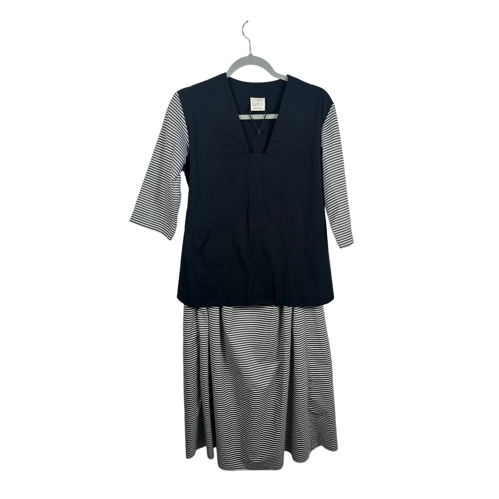 Lovebirds Midi Dress Womens Medium Blue Striped V-Neck Mixed Media India 2878